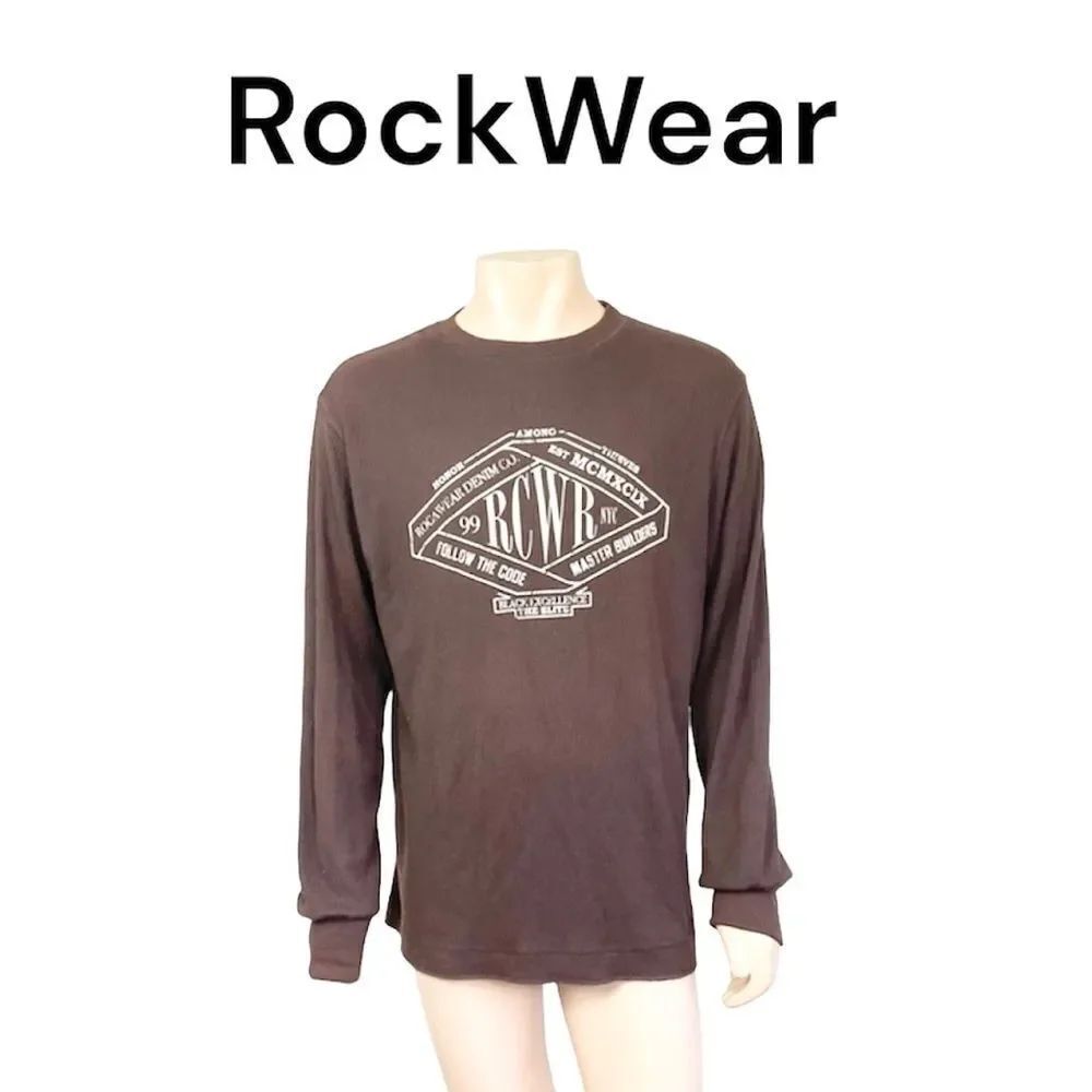 Rocawear Men's Brown Thermal Waffle Knit Long Sleeve Logo Graphic Top Size XL